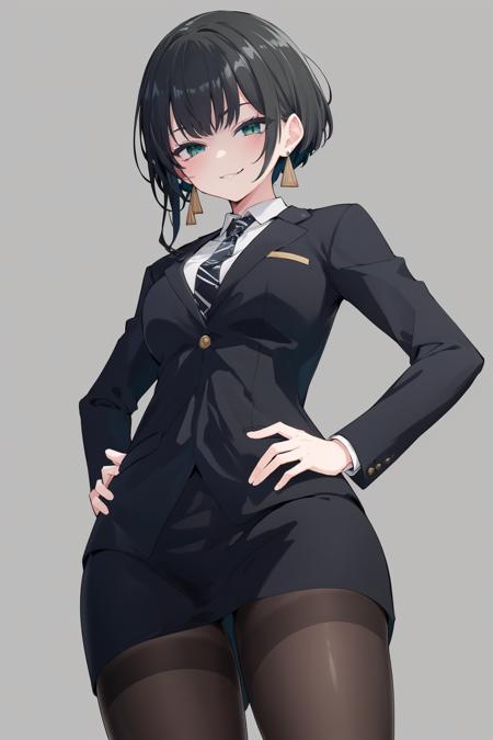 ALLMIND, 1girl, black hair, earring, green eyes, business suit, pencil skirt, pantyhose, high heels, smug, naughty smile,