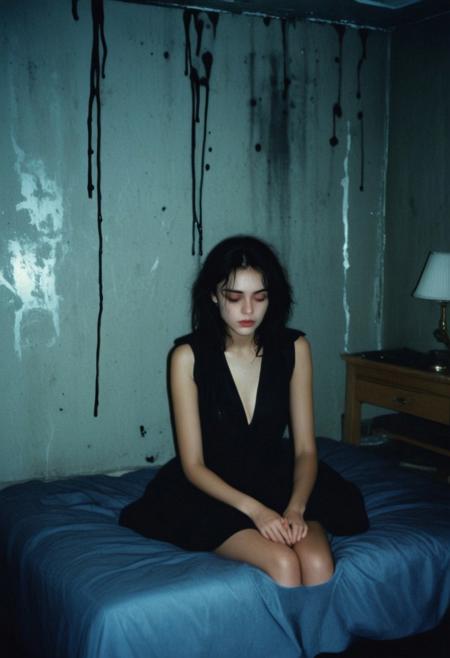 a dark lonely cold room, a thin girl sits hanging her shoulders on the bed, her dark hair dirty, a black stain in place of her face, dull tones, evening, contrasting shadows, dull cloudy sky, luminous blurred photo, grainy film effect, konica minolta zoom 60, blurred shapes, Diane Arbus photo style