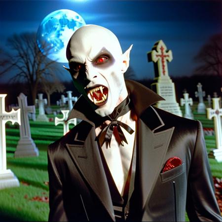 Vampyfangs1. a film still photo. 35mm. 4k. From a 2003 movie. A Nosferatu vampire man is showing off his fangs, he is walking around a graveyard. Night. Full moon. Red eyes. Bald. Pointy ears. Strigoi