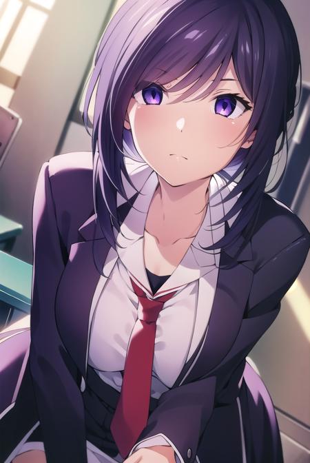 miokunosato, <lyco:miokunosato-LYCORIStest:1>,
mio kunosato, long hair, black hair, very long hair, (purple eyes:1.1), ponytail,
BREAK school uniform, necktie, labcoat,
BREAK looking at viewer, hands behind head,
BREAK indoors, classroom,
BREAK <lora:GoodHands-vanilla:1>, (masterpiece:1.2), best quality, high resolution, unity 8k wallpaper, (illustration:0.8), (beautiful detailed eyes:1.6), extremely detailed face, perfect lighting, extremely detailed CG, (perfect hands, perfect anatomy),