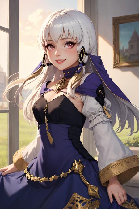 (masterpiece, best quality:1.2), solo, 1girl, lysitheatimeskip, smile, looking at viewer, hair ornament, purple dress, long sleeves <lora:fireemblem_ordelia_v3-09:1>