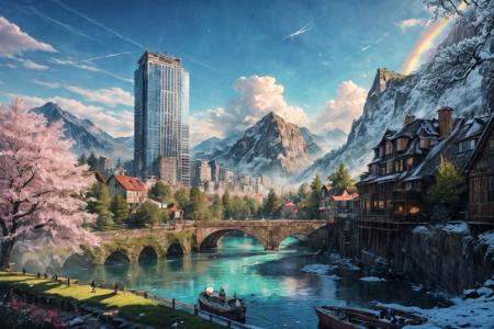 (RAW photo, 8k uhd, Analog style, Masterpiece, Best Quality, Highres:1.4), (dramatic, cinematic:1.2), BREAK,
movie shot of colorful hyperdetailed fantastic fantasy mysterious magic landscape, above clouds, (medieval elven fantasy (village:1.35), (steampunk:1.05) (peasant:1.15) (robots:1.1) (crowd:1.35), playing (little steampunk (girl:1.25):1.1), (farm:1.31), (lake, (river:1.14):1.15), (bridges:1.4), (waterfalls:1.35), (boat:1.4), (dock:1.1), (cliff:1.35), road, (green:1.05) valley, (flowers:1.2), (maple trees:0.65), (green:1.05) (fields:1.3), (fences:1.3), (snowy:1.17) (pines:1.1), (pink:1.0) (flowering tree:1.12):1.22), BREAK,
((mountains:1.22), (futuristic:1.15) (overgrown:1.27) (skyscrapers:1.53) (ruins:1.35), (market, water wheel, castle:1.14), (colorful houses:1.2), birds, stairs, spaceport, ((bright morning sun daylight:1.05) rainbow pure (blue:1.05) sky, glowing:1.05), starry, crescent, meteor, ((fluffy cloud:1.2), godrays, light particles:1.05), various seasons, steam, smokes:1.2), BREAK,
(photorealistic:1.2), (intricate:1.3), (light theme:1.3), (inspiring joyful atmosphere:1.2), (fabulous, fantasy, mysterious, science fiction, post-apocalypse, incredible, amazing, happy, sunny, pastoral, esoteric, antique:1.2), (hyperdetailed, absurdres:1.2), (colorful, saturated:1.4), colorful lighting, BREAK,
<lora:more_details:1>,