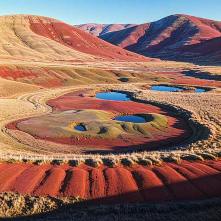 anime key visual, cute, landscape of a Resonant 1980'S (Painted Hills:1.3) from inside of a Marsh, winter trees and Cosmic background radiation in background, Sun in the sky, Realistic, Romantic, Minimalism Art, side lit, F/8, Provia, Bronze background, full of color, masterpiece, pixiv