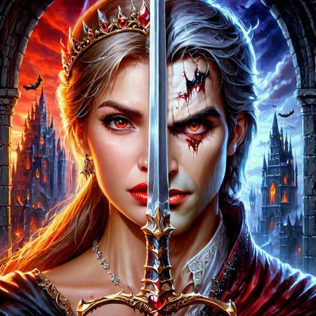 oil painting of a handsome A woman wearing a tiara holding sword infront of face, (half of the face is a vampire on other half its a human prince:1.25), amazing quality, city in background, digital art, TwoFace Blade, HD, masterpiece, best quality, hyper detailed, ultra detailed,