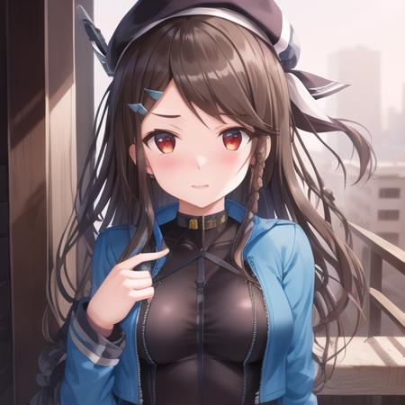 (masterpiece, best quality:1.2),illustration,8k,hd,1girl,solo,city,upper body,(portrait:1.2),kimberly (azur lane),standing,bangs,belt,brown hair,red eyes,fringe,thighhighs,black bodysuit,long hair,blue footwear,blue gloves,blue hat,blue jacket,blush,bodysuit,braid,buckle,covered navel,cropped jacket,cropped vest,beret,cross-laced footwear,fingerless gloves,hair ornament,hairclip,high heel boots,high heels,jacket,knee boots,lace-up boots,long sleeves,multicolored hair,open clothes,open jacket,parted bangs,partial bodysuit,short shorts,shorts,side braid,sidelocks,<lora:Kimberly(azur)>,