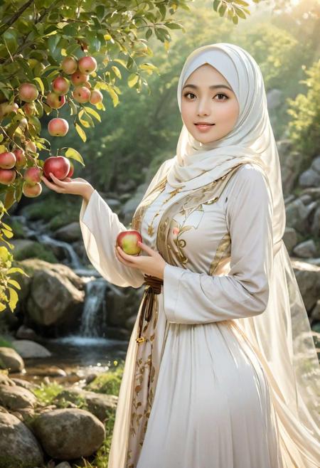 Imagination scenary, 1girl wear hijab long dress Picking apples from the tree, waterfall and fairy background, solo, bangs, blush, hand on own chest, jill stingray, long sleeves, looking at viewer, medium breasts, solo, upper body, princess like, vest, white shirt, art by mooncryptowow, Perfect Hands, eye catching, drab