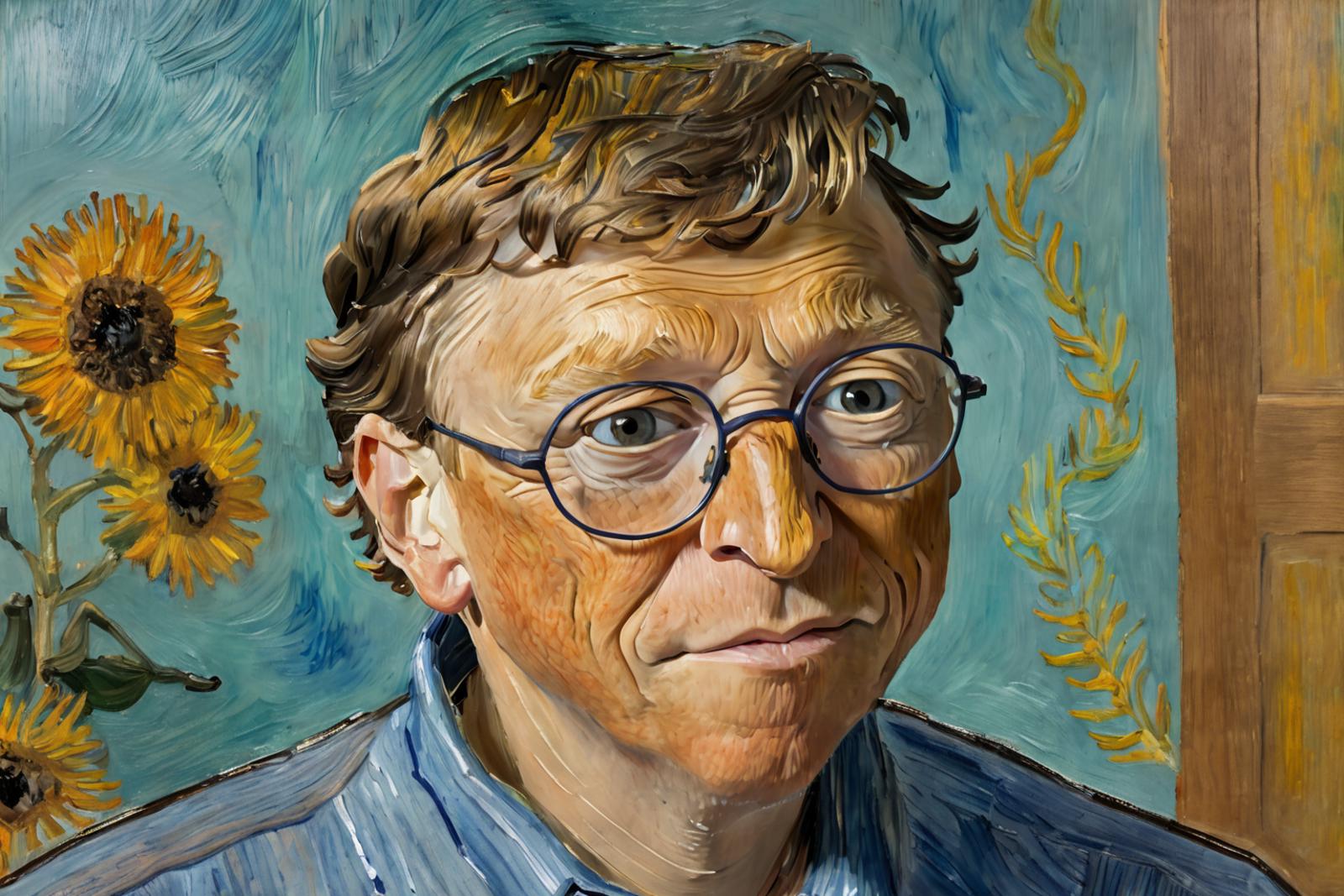 A Painting of a Man with Brown Hair, Glasses, and a Blue Shirt.
