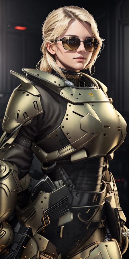 ((Masterpiece, best quality)),photography, detailed skin, realistic, photo-realistic, 8k, highly detailed, full length frame, High detail RAW color art, diffused soft lighting, shallow depth of field, sharp focus, hyperrealism, cinematic lighting,
edgHalo_armor,power armor,
blonde Nadia with sunglasses and a choker,
wearing edgHalo_armor <lora:edgHaloArmors:1> <lora:Ultimate_Nadia:0.5>