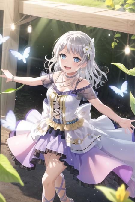 <lora:EveWakamiya-10:0.8>,wakamiya eve, 1girl, solo, long hair, looking at viewer, blush, smile, open mouth, blue eyes, hair ornament, dress, ribbon, jewelry, collarbone, flower, white hair, :d, grey hair, earrings, choker, hair flower, necklace, high heels, see-through, outstretched arms, white flower, purple ribbon, purple footwear, purple choker