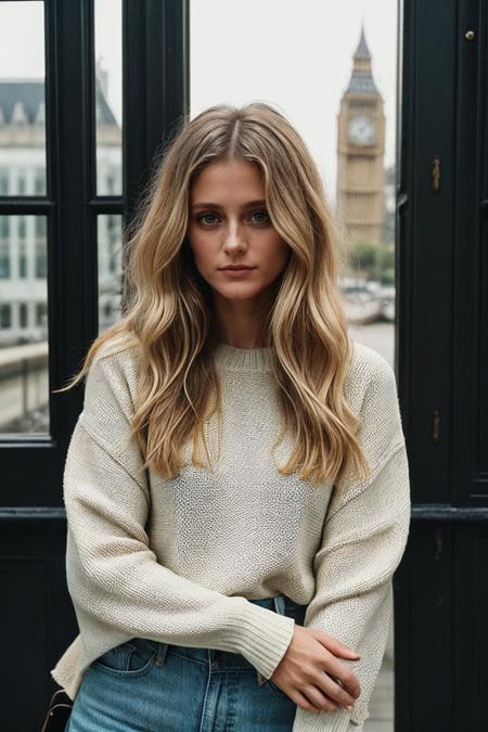 photo of (kb0ck:0.99), a woman, closeup portrait, perfect blonde hair, posing, (vintage photo, Bell Sleeve Sweater, Utility Capris), (instagram frame), 24mm, (tintype), (analog, film, film grain:1.3), ((in London, daylight, gritty)), ((detailed eyes)), (seductive pose), (epicPhoto)