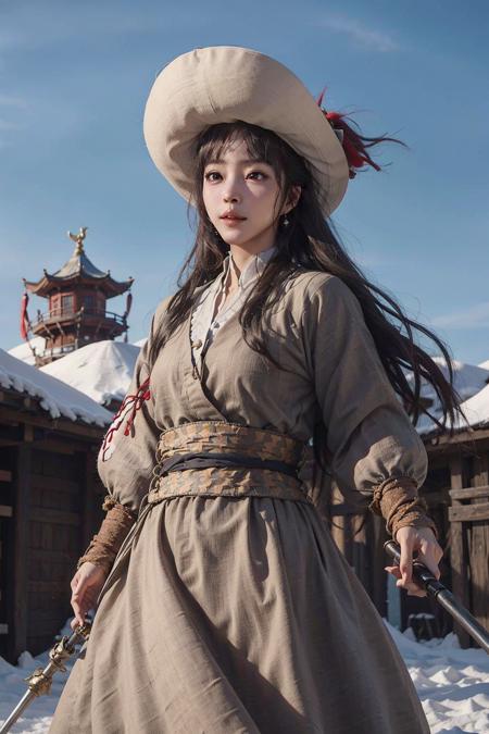 1girl dress like move The Flying Swords of Dragon Gate, masterpiece, best quality, photorealistic,  fanyangli, desert, snow, linen_clothes, <lora:Han_Ye_Seul_v3:1>