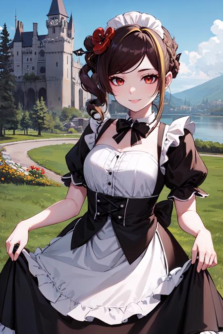 masterpiece, best quality, cowboy shot, looking at viewer, smile, chiori, streaked hair, hair ornament, hair stick, hair flower, maid apron, black dress, juliet sleeves, dress lift, outdoors, castle, <lora:chiori_v1:0.8>