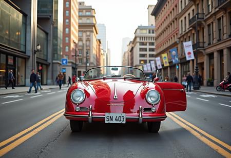 This photograph captures a classic, vintage red convertible sports car, specifically a 1963 Porsche 356, parked in the middle of a bustling city street. The car's glossy paint contrasts with the worn asphalt of the road, which is lined with double yellow lines and bordered by tall, multi-story buildings. The cityscape is a mix of modern and historic architecture, with tall glass and steel structures on the left and ornate, older buildings on the right. The car's front end, facing the camera, is detailed with chrome accents, including the bumper and headlight surrounds. The license plate reads "SN 403." The driver's side door is open, revealing a glimpse of the interior, which appears to be in good condition with a black dashboard and leather seats. The street is relatively quiet, with a few pedestrians walking on the sidewalks, and a few flags and signs visible in the background. The sky is clear, indicating a sunny day, with the light casting a warm, golden hue over the scene. The overall atmosphere is one of nostalgia and urban exploration, with the vintage car standing out against the modern city backdrop.