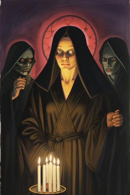 Alessandro Biffignandi, 1970s, gouache painting, woman in black silk robe holding a candle, cultists surround her in the darkness, evil ritual, fear, horror