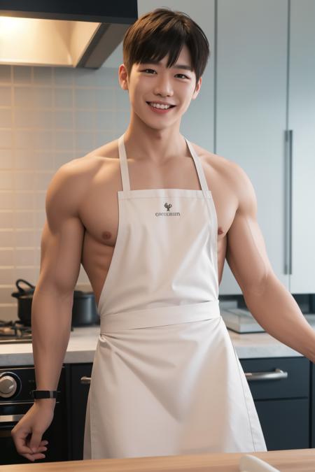 1boy, Short Spiky Hair, smile, teeth, watch, 
<lora:Max Huang:0.7:FACE>
(nude kitchen apron:1.2)
Muscular Frame,
looking at the viewer,
fish, steak,