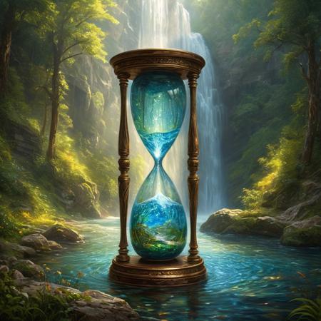 adorn, 
pastoral, 
waterfall striking hourglass, 
lake, 
tall, 
pouring water, 
oiled painting, 
artistic, 
highly detailed, 
perfect composition, 
Broken Glass effect, 
no background, 
stunning, 
something that even doesn't exist, 
mythical being, 
energy, 
molecular, 
textures, 
iridescent and luminescent scales, 
breathtaking beauty, 
pure perfection, 
divine presence, 
unforgettable, 
impressive, 
breathtaking beauty, 
Volumetric light, 
auras, 
rays, 
vivid colors reflects. Arteork., 
hyper realistic-surreal and fantastic composition Perfect and dynamic digital painting