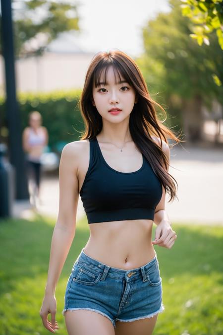 (best quality:1.4), (ultra highres:1.2), (photorealistic:1.4), (8k, RAW photo:1.2),(portrait shot:1.3), pinomyim, 1girl, solo, long hair, looking at viewer, brown hair, brown eyes, sports bra, black shirt, navel, denim shorts, outdoors, bokeh, depth of field,<lora:pinomyim-000004:0.65>