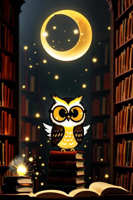 Cartoon Owl Librarian in a Real Library
An elderly cartoon owl with half-moon glasses sits atop a stack of glowing books inside a grand real library hall. Warm golden light reflects off wood and glass. Magic particles float around as the owl turns a page mid-air.