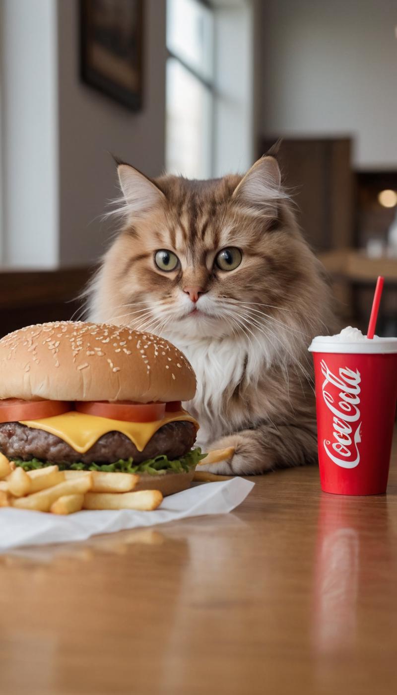 A cat sitting in front of a large hamburger and a Coca-Cola cup.