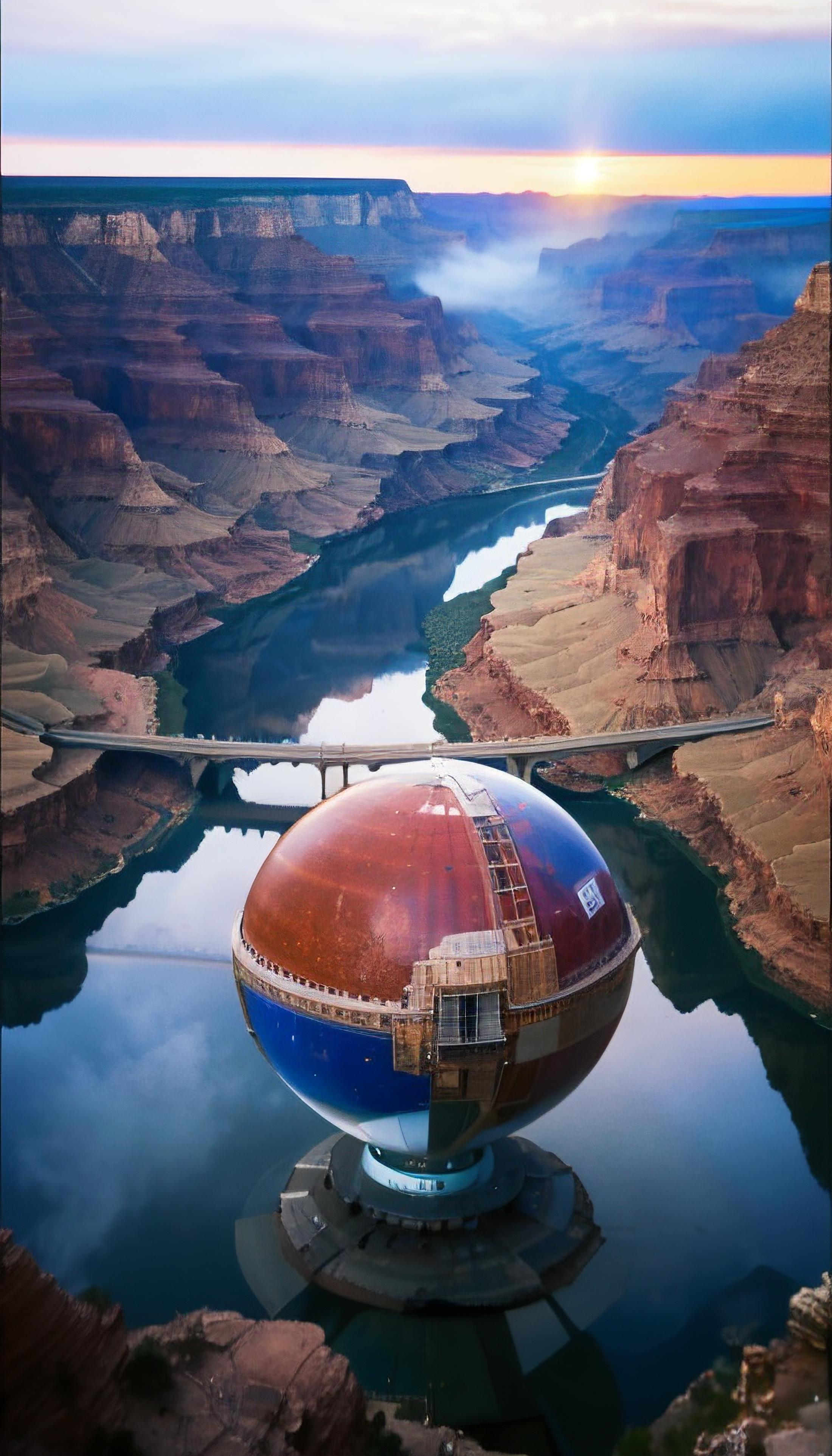 A giant sphere with a bridge in the background.