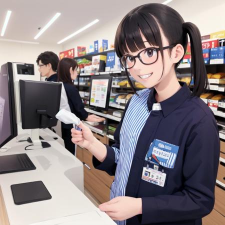 masterpiece, best quality, ultra-detailed, illustration,
konbini, scenery, shop, indoors, LAWSONU, employee uniform, uniform, shop, convenience store, black hair, uniform, realistic, glasses, employee uniform, striped shirt, smile, striped, food, 1boy, indoors, shirt, id card, vertical stripes, 1girl, holding, long hair, name tag, grin, vertical-striped shirt
 <lora:LAWSON_scenery_SD15_V2:1>