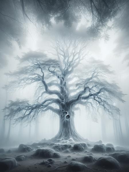 ais-ghostly ancient tree in a foggy forest, with ethereal lights floating around <lora:Ghostly_Style_SDXL:1>