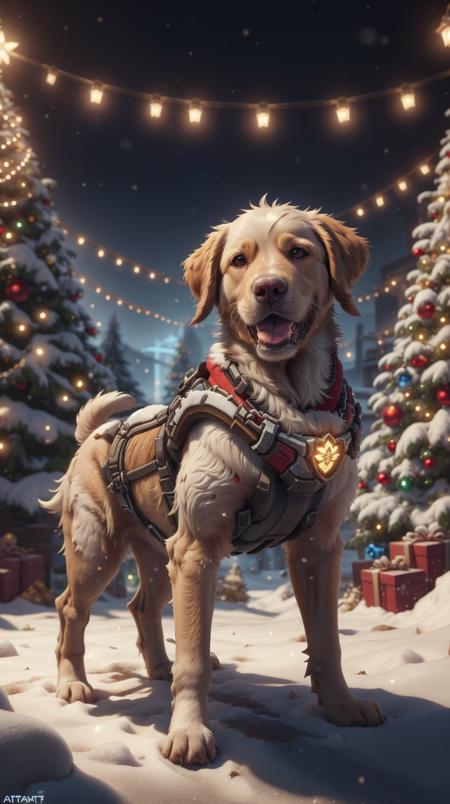 <lora:ChristmasWintery:0.7> ChristmasWintery overwatch concept art character portrait of a new character who is a golden retriever puppy with a humanoid muscular body, trending on artstation, cgsociety,, (Masterpiece:1.3) (best quality:1.2) (high quality:1.1)