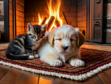 intricate details, masterpiece, hyperrealistic, 

a puppy in front of a fire, sleeping beside a kitten on a rug,