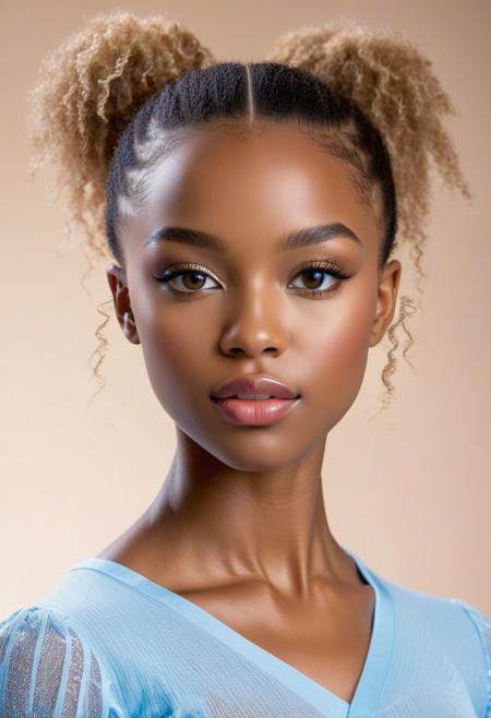 hyper realistic and detailed photo of a cute 24 year old african female gymnast, shallow depth of field, cleavage, two-packs abs, golden blonde straight messed up hair, straight waist, realistic textures, 8k movie still, cinematic, looking at viewer, straight hip, narrow hip, small hip, small round shape butt, tiny breasts, long legs, Youthful, radiant complexion with fair skin. Her facial structure is characterized by soft, rounded features with a gentle jawline that complements her overall delicate visage. The eyebrows above are well-defined, arched gracefully, adding to the intensity of her gaze. Her hair, a rich golden brown, is pulled back into a high ponytail that cascades in gentle waves, framing her face elegantly. Her lips are full and appear soft, providing a neutral yet inviting expression. The subject's nose is proportionate to her face, with a subtle, rounded tip that harmonizes with her soft facial features.
The eyes are a distinctive feature, conveying a remarkable depth of color   a shade of light blue. Her irises are ringed with a darker blue hue. Her pupils are centered and clear. The eyelids are smooth, with a subtle crease that adds depth to her eye structure. Her lashes are of a lighter brown, long and evenly spread, curling gently upwards.