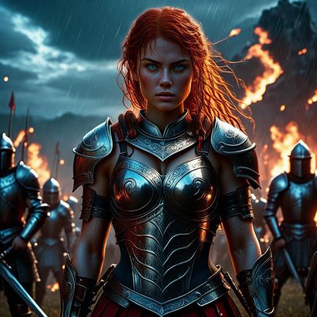 Ultra detailed digital art masterpiece Warrior girl dressed in a iron Armor and red mini skirt, Standing on a battlefield at the head of an army of knights, where a bloody slaughter is taking place, standing in battle pose, a dark epic fantasy, perfect lighting, beautiful Sadie Sink as Warrior girl, attractive woman, elegant, beautiful woman of athletic body, shot of the whole Warrior girl, unreal engine 5 nanite quality, dark fantasy, dark environment, very stormy day, LOTR style, dark washed out eyeliner, no make up, natural bloody pale face, realistic blue eyes, ultra detailed atmospheric details, beautiful glowing effects, sparkle effects, realistic body proportions, beautiful face proportions, complex masterpiece, wavy red hair, creative glowing detailed tattoos, complex physics, enhanced colors, complimentary colors, ultra detailed raytracing reflections, Ultra detailed complex background, environment feels alive, direct eye contact, dramatic lighting, wet and sweaty skin, beautiful firm Breasts, Daylight, Concept art by Greg Rutkowski, adding to the intense and dynamic atmosphere of the scene.