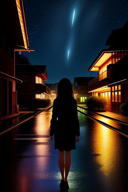 Half body, lonely girl, star on the sky, street in night time, nobody, dark theme, wet street,