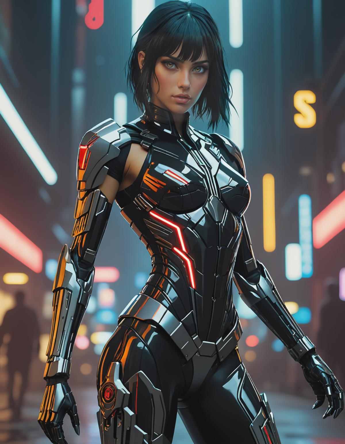 A woman in a futuristic, black and silver suit stands in a neon-lit room.