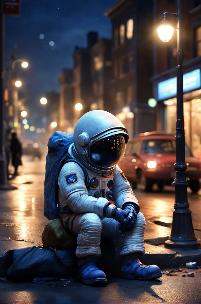Astronaut sitting on a bag on the sidewalk with a car in the background.