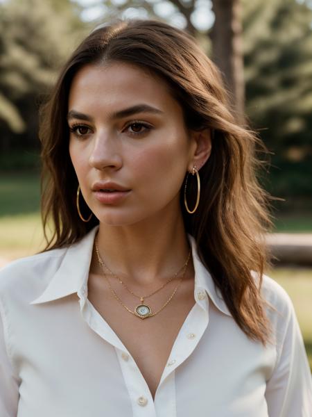 Realistic photo of a beautiful 3m1lyr-v2 woman,  long hair, breasts, looking at viewer, multiple girls, brown hair, shirt, cleavage, brown eyes, jewelry, white shirt, upper body, earrings, outdoors, solo focus, day, necklace, blurry, lips, head tilt, depth of field, blurry background, hoop earrings, realistic, soft lighting, professional Photography, Photorealistic, detailed, RAW, analog, sharp focus, 8k, HD, high quality, masterpiece<lora:3m1lyr-v2:1.0>