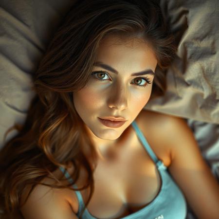 a 32 year old female with long, brunette, wavy hair, gazing directly at the camera. she us laying in a bed, dressed in a light blue tank top with a subtle pattern. The soft, natural lighting enhances their features, creating a warm and inviting atmosphere. The background is softly blurred, drawing attention to the subject's expressive eyes and serene expression, suggesting a relaxed moment in a cozy setting, realistic photo, hyperrealistic, hyper realistic, photorealistic, photo realistic, cinematic shot, dynamic lighting, 75mm, Technicolor, Panavision, cinemascope, sharp focus, fine details, 8k, HDR, realism, realistic, key visual, film still, cinematic color grading , cinematic shot, dynamic lighting, 75mm, Technicolor, Panavision, cinemascope, sharp focus, fine details, 8k, HDR, realism, realistic, key visual, film still, cinematic color grading, depth of field