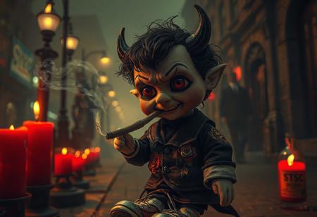 a horror version, of a small fabric plush doll, old male, warm skin, devil like red eyes, empty, black hair with some green lines in it, smiling like death itself, fine black and white clothes with detailed golden roses on it, red old and dirty sneakers, white socks, black knuggle handshoes, i bit gothic style. 
smoking a cigar on a wolkway, old dark city, strange warm and red lights, 1920 like, a silhouette of a bulky man in the background, some drinks and empty whisky bottle, fog, foggy, (big glowing red candly with a black writing "STSC"),
dslr 8k