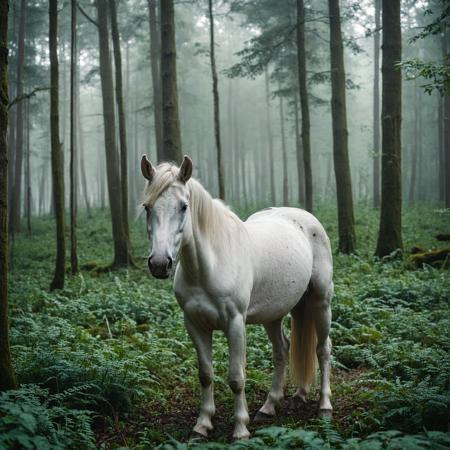 a cute and shy little unicorn in a dense green forest, looking at camera,  wide shot,
foggy background, dark shot, atmospheric haze, epic composition,