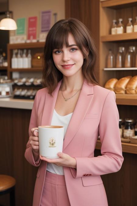 photo realistic, masterpiece, best quality, studio lighting, solo, jmc <lora:jennettemccurdyV01:1>, <lora:polyhedron_skinny_all:.3>, pink suit, holding a ((bread)) (Urn) with ((two hands)) , light smiling ,  blonde highlights with bangs , (coffe shop bar )in the  background,(looking at front head viewer, realistic eye and face details),film grain:1.5, Kodak Max 400 Film), (nsfw:1.2)