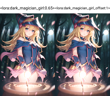 dark magician girl, mksks style, (very detailed background:1.0), (highly detailed background:1.0), masterpiece, best quality, (1girl), solo, (forest), long hair, blonde hair, blue headwear, wizard hat, spell casting, nature, trees:1.2, motion blur, magic, (moonlight:1.2), chromatic aberration, depth of field, soft lighting, highly detailed face, highly detailed eyes  <lora:dark_magician_girl:0.65> <lora:dpep2768:0.7>