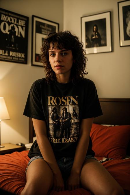 High detail RAW color, DSLR BREAK, a woman sits on her bed in her side in one corner of her bedroom, wearing a rock band t-shirt from the 80s, her bedroom is filled with the atmosphere of the 80s, On the wall, posters of iconic rock bands such as Guns N' Roses, Queen, Bon Jovi, or AC/DC, the shelves filled with tapes (close up:1.2), (masterpiece, extremely detailed skin, photorealistic, heavy shadow, dramatic and cinematic lighting, key light, fill light), sharp focus  <lora:epiCRealismHelper:1.0>