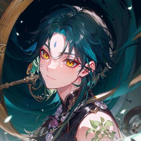 <lora:vividImpactfulStyleYoneyamaMai_v40hLocon:0.15> 1boy,dark green hair,best quality,masterpiece,extremley,yellow eyes,male focus,beautiful eyes,<lora:xiaoGenshinImpact_v30:0.8>,