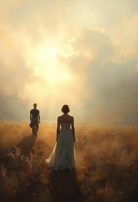A soft, dreamy painting with intense dramatic lighting. Hazy soft light illuminates human figures within a dreamlike landscape, blending American regionalism and contemporary surrealism.  The piece evokes a nostalgic theme with a meditative quality, utilizing streamlined compositions and masterful shadows.