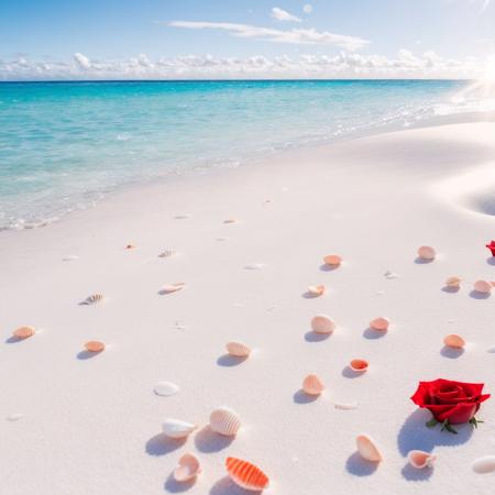 delicate scene,depth of field, 8K, The ivory sky,white clouds,and sunlight shine on the snow-white beach. The coral sea,and many colorful tiny shells on the beach,red roses, roses focus,