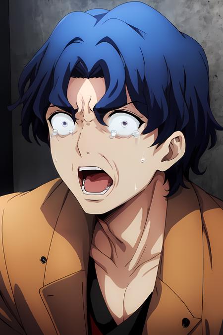 (masterpiece, best quality:1.2), highres, anime screencap, anime coloring, 1boy, solo, male focus, open mouth, crying with eyes open, tears, sweat, 
SHG_V1, blue hair, short hair, wavy hair, bangs, 
upper body, looking at viewer, 
<lora:add_detail_CyberAlchemist:0.4>, <lora:GoodHands-beta2:0.8>, <lora:ShinjiMV2:0.9>