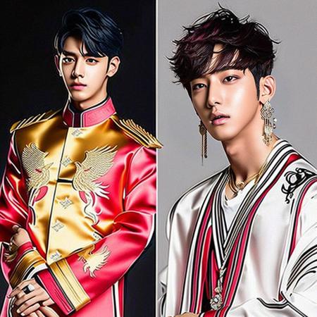 Photos of thirty eight (38) handsome KPop Idol boys as handsome KPop or CPop Super Star Idol Boys from the Dragon Empire.

Stunningly handsome Idol boys are the handsome Chinese Dragon Prince Emperor and Princes wearing Hanfu fashion costume with long wide baggy Guang style long sleeves. 

Full body portrait. Shows full head. Ultra-realistic. Pale-fair skin.

Handsome, princely, cute and tall Chinese, Korean or Japanese boys from boy bands in CPop, KPop, JPop groups, all at 2.01 m tall in height. 

Photorealistic, cool, fresh, young, healthy, lovely boys, sweet and gorgeous looking in realistic photos with full body showing head to toe, handsome faces, beautiful hands, cute toes, and can be with no shirts or pants. Handsome. 

Beautiful and detailed smooth skin texture.

Magnificent, Beautiful Neon-like Multi-colored Fantastic Environment. 

Fashion costumes are made of ultra brilliant exquisite silk and radiant colors. Modern Funky Fashion Style. 

Beautiful Exquisite Headgear With Exotically Designed Chinese Dragon and Phoenix Motifs. With Chinese style Crown Jewelry and Ancient Chinese Prince Emperor Crown. Earrings.

KPop Style. CPop Style. 

Ultra Realistic. Hyper Realistic.

Exquisite Awesome and Gorgeous Looking, Cool, Young, Trendy and Gorgeous, Super Handsome Idol Chinese, Korean or Japanese Boy Dragon Prince Emperor. 