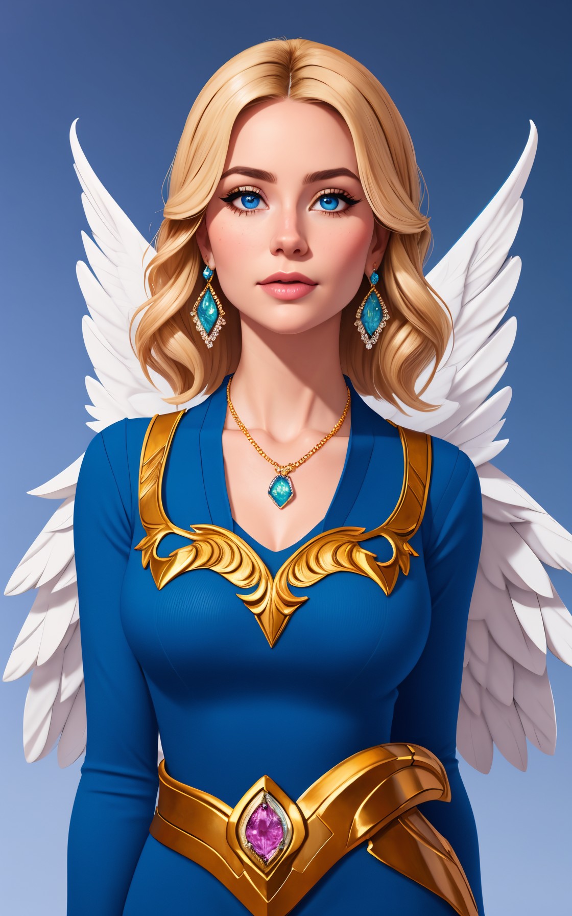 a very pretty woman standing, in a blue sweater and wings on her back, modest, with a blue dress and necklace, Artgerm, so...