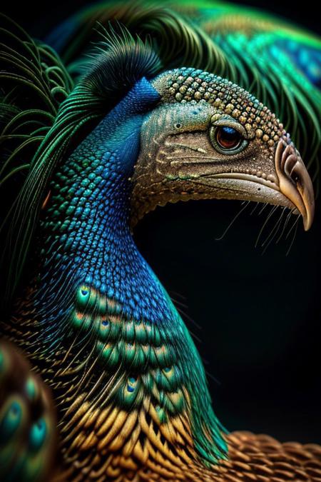 Create a photorealistic close up image of a peacock, feathers, vibrant colors and dark background, highly detailed, aesthetic, great lighting, extremely detailed,  award winning, perfect composition, a rich and complex image of nature, a vibrant tissue of hues and textures captured digitally, best quality, realistic, captivating, intricately detailed, hyper detailed, maximalist style, photorealist, sharp focus, dynamic lighting, superb composition, finest details, highest aesthetics, best quality, sharp focus, high contrast, stylized, clear, colorful, ultra quality, 8k, best quality, masterpiece,midjourneyv6.1, close up,