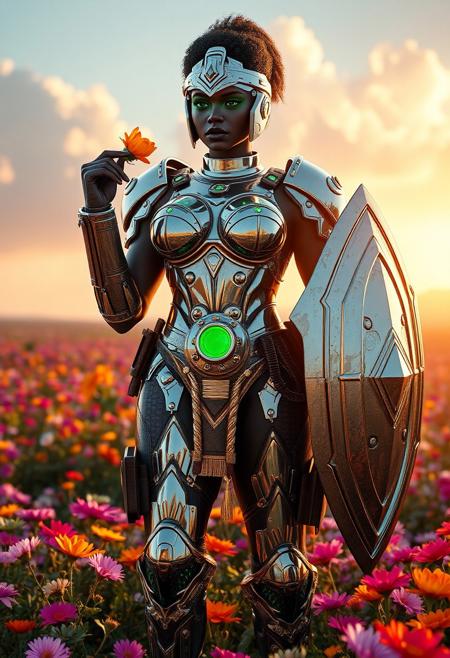 Videogame unreal engine 4 render image of a tall large bodybuilding buff muscular sexy hot black female soldier from the year 2150, cool sexy futuristic military character design, she has short curly hair, green eyes, green lipstick, she is tall and large and has huge breasts and muscles, she is wearing full body chrome military armor that's inspired by gladiators from Rome, including a roman gladiator helmet with a green transparent eye visor, the armor is chrome eith green LED embedded in it, her chrome armor is showing signs of damage and degradation, bullet marks, scratches amd grime, she is also wearing brown military and ammo pouches on her legs and belt, she is standing in a field of colorful flower, holding a smelling a flower in her right hand, she has is a large chrome shield with LED green lights attached to her left arm, bullet belt, vast sky, majestic clouds, warm sunlight, cozy, epic pose.