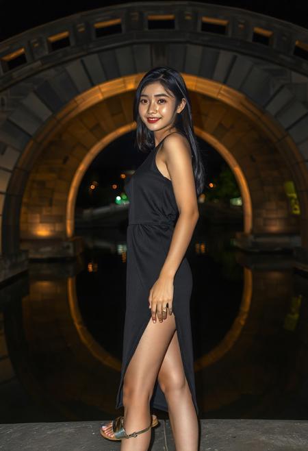 DSLR-style, slender, elegant 26-year-old Korean model, translucent pale skin with natural texture, soft shadow on cheek, diffused daylight from side, parted lips, masterpiece, ultra high-res  
<lora:NOOB_vp1_detailer_by_volnovik_v1:1>
barely visible pores, subtle skin texture variation, translucent skin tone, full body. 
"A full shot of a slender person with dongtan dress, dark hair, smiling and looking directly at the viewer. They are wearing a black, dongtan dress. The person is also wearing metallic silver platform sandals with clear straps. They are standing a stone arched bridge at night, illuminated by warm lights that highlight its architectural details. The bridge spans a calm body of water, where its semi-circular form is reflected perfectly, creating the illusion of a full circle or moon shape. The surrounding environment is dark, with hints of greenery and other architectural elements visible in the background, suggesting an urban or park setting at night."