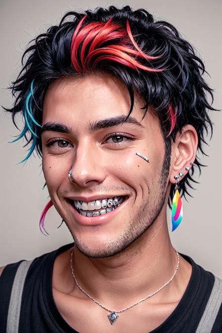 Photorealism Style,  bandaid,  nail polish,  jewelry,  solo,  multicolored hair,  black nails,  teeth,  piercing,  realistic,  1boy,  male focus,  earrings,  black hair,  smile,  grin, <lora:EMS-49351-EMS:0.800000>